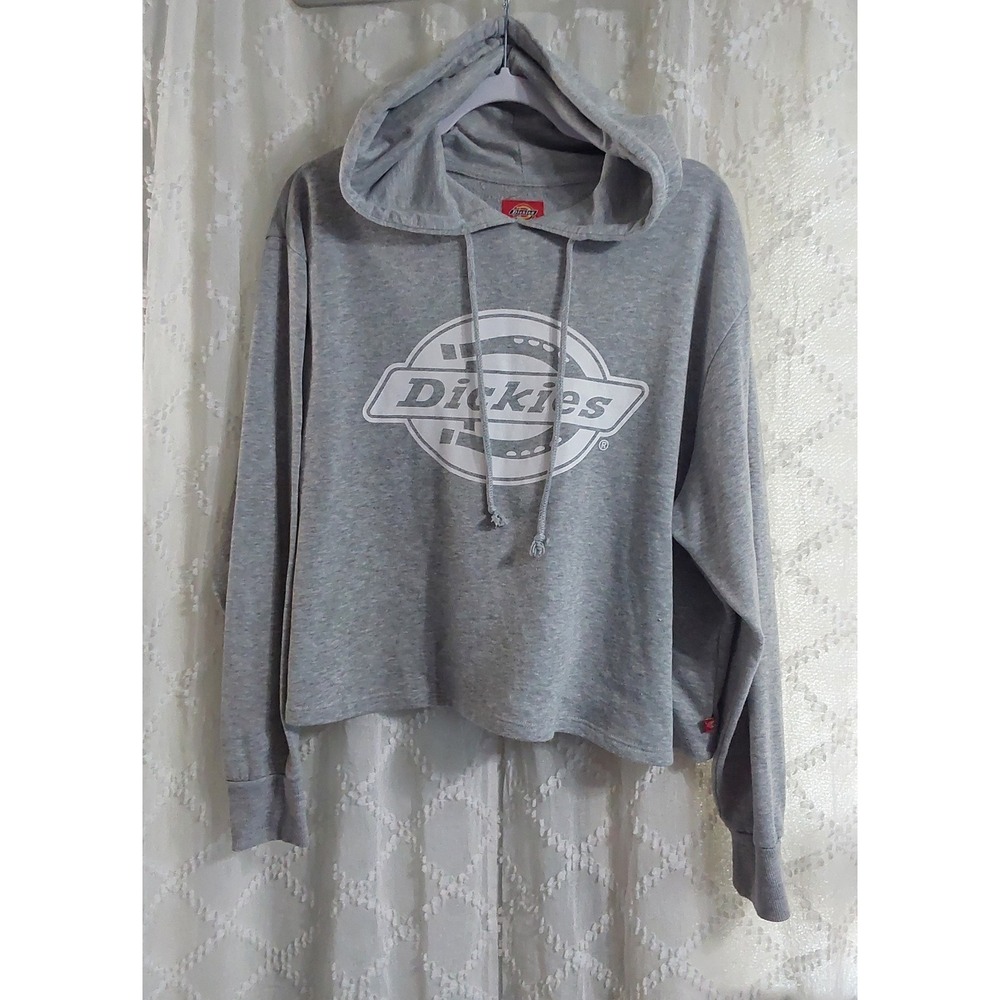 Dickies Womens 1X Heather Grey Cropped Logo Hoodie Sweatshirt Raw Hem Boxy Fit